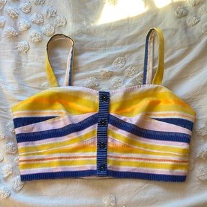 Yellow and blue crop top.